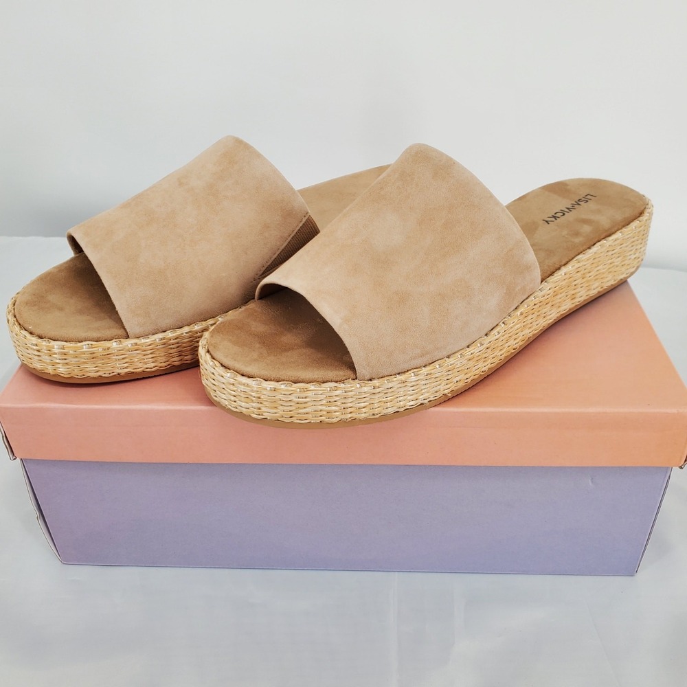 Lisa Vicky Tan Suede Platform Slide Sandals Woven Raffia Midsole Womens 8 New